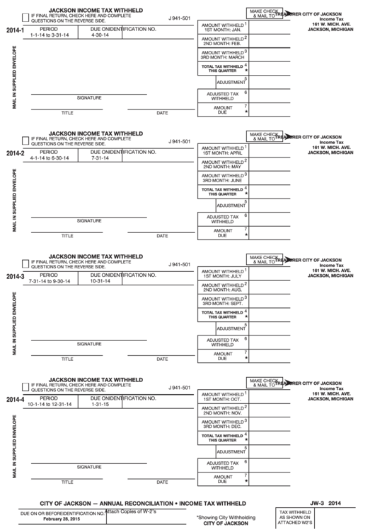 Form J 941501 Jackson Tax Withheld 2014 printable pdf download