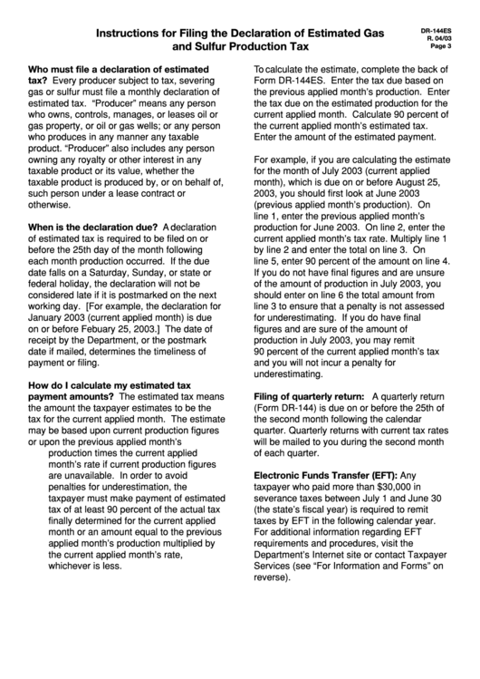 Instructions For Form Dr144es The Declaration Of Estimated Gas And