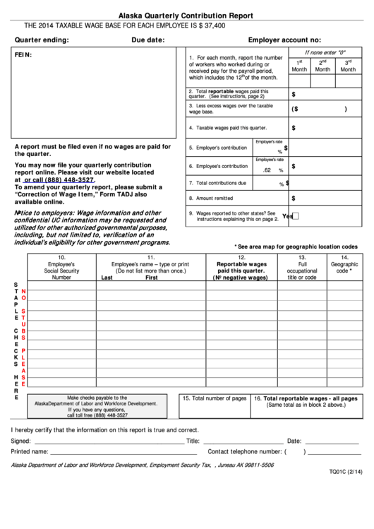 Fillable Form Tq01c Alaska Quarterly Contribution Report 2014 printable pdf download