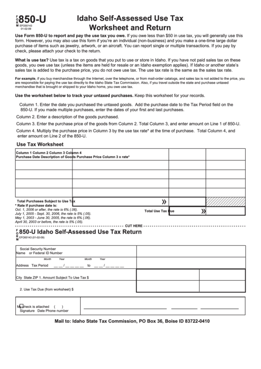 Fillable Form 850U SelfAssessed Use Tax Worksheet And