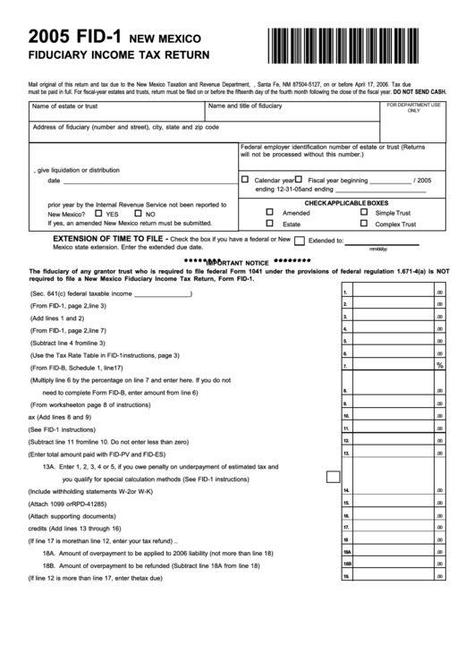 Form Fid1 New Mexico Fiduciary Tax Return 2005 printable