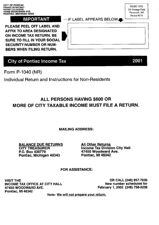 City Of Pontiac Tax 2001 printable pdf download