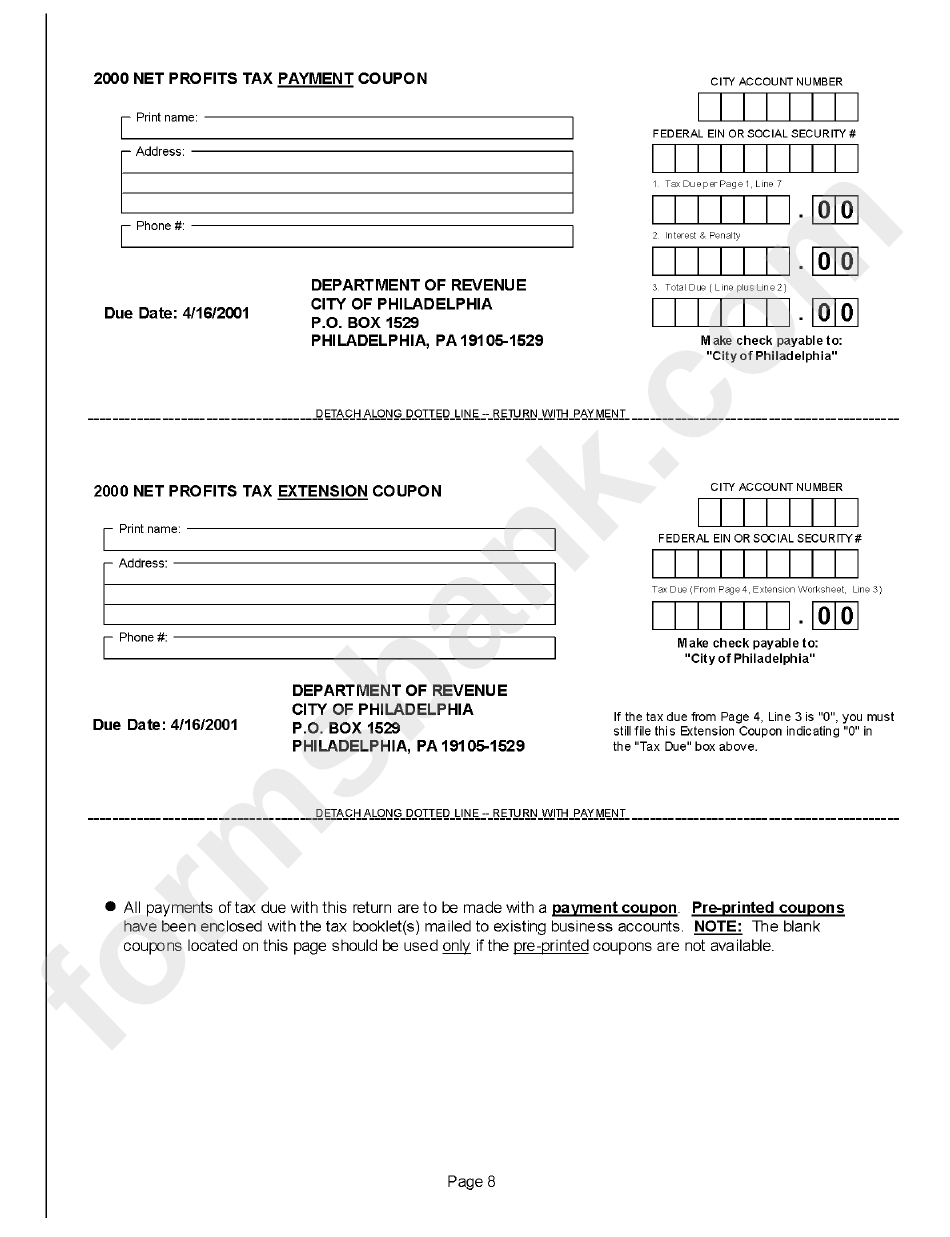 Net Profits Tax Payment Coupon Philadelphia, 2000 printable pdf download