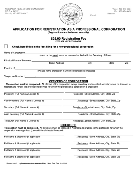 Application For Registration As A Professional Corporation Nebraska