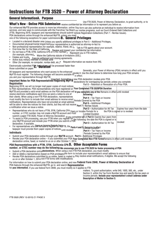 Instructions For Ftb 3520 Power Of Attorney Declaration