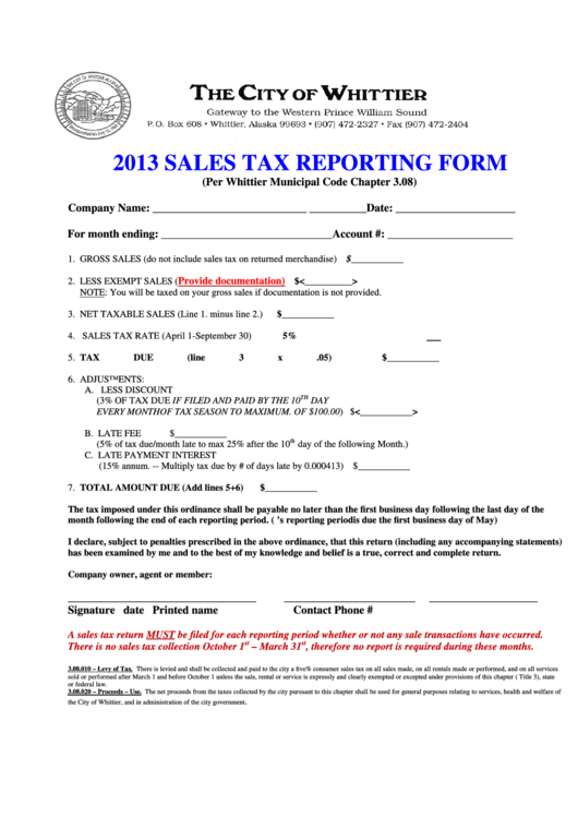 2013 Sales Tax Reporting Form City Of Whittier printable pdf download