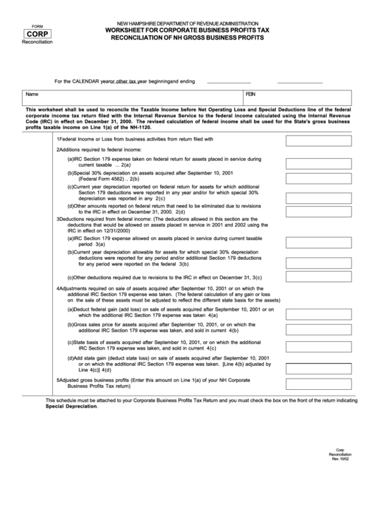 Form Corp Worksheet For Corporate Business Profits Tax