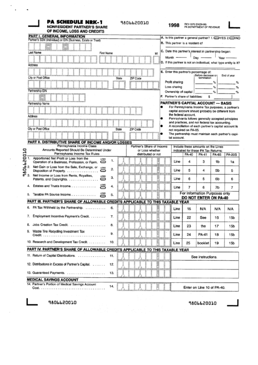 Fillable Pa Schedule Nrk1 Nonresident Partner'S Share Of