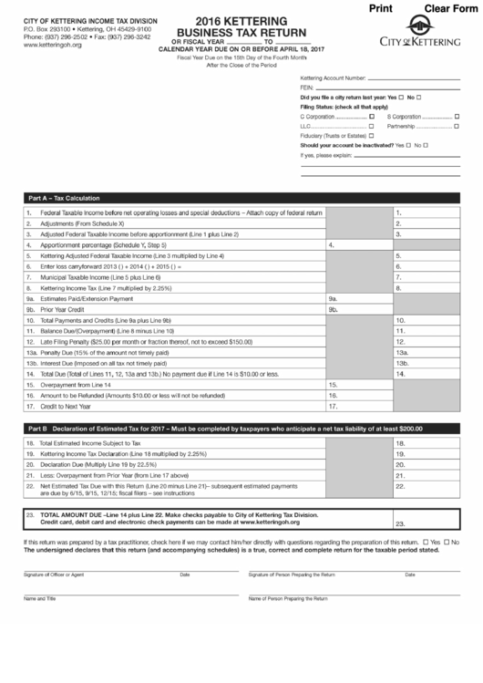 Fillable Kettering Business Tax Return Form Ohio Tax Division