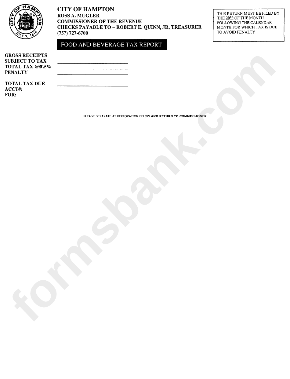 Food And Beverage Tax Report Form City Of Hampton, Virginia printable