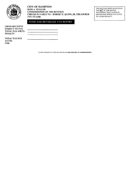 Food And Beverage Tax Report Form City Of Hampton, Virginia printable