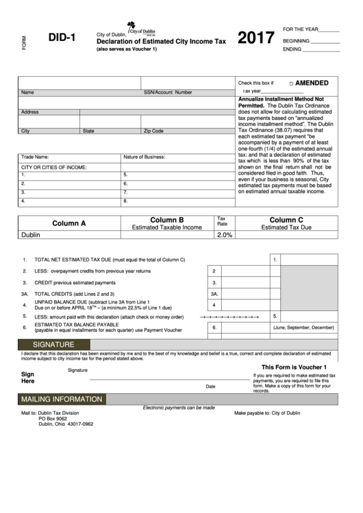 Fillable Form Did1 Declaration Of Estimated City Tax 2017