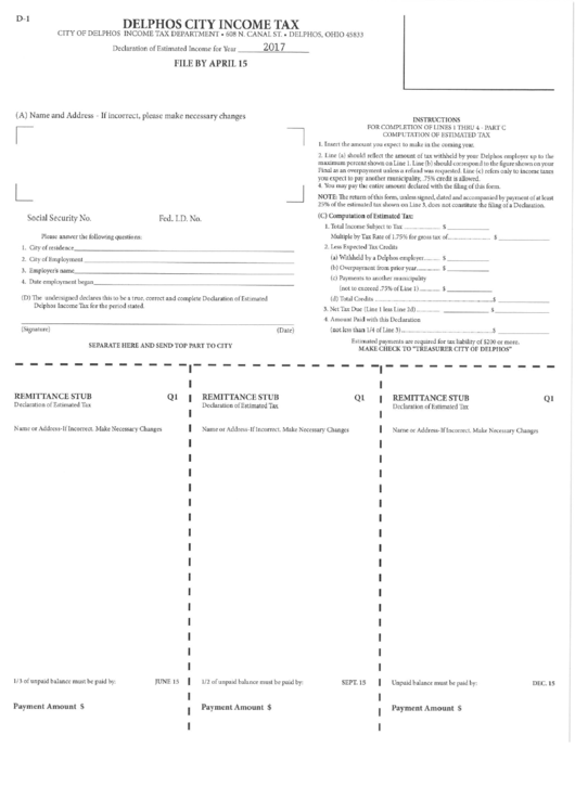 Declaration Of Estimated Tax Form Delphos City 2017 printable