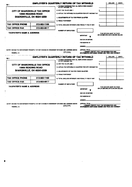 Form W1 Employer'S Quarterly Return Of Tax Withheld Form