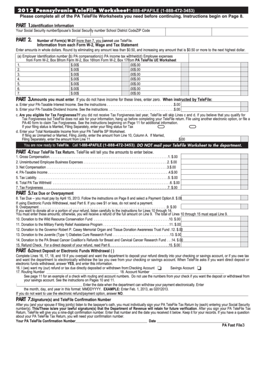 Pennsylvania Telefile Worksheet 2012 printable pdf download