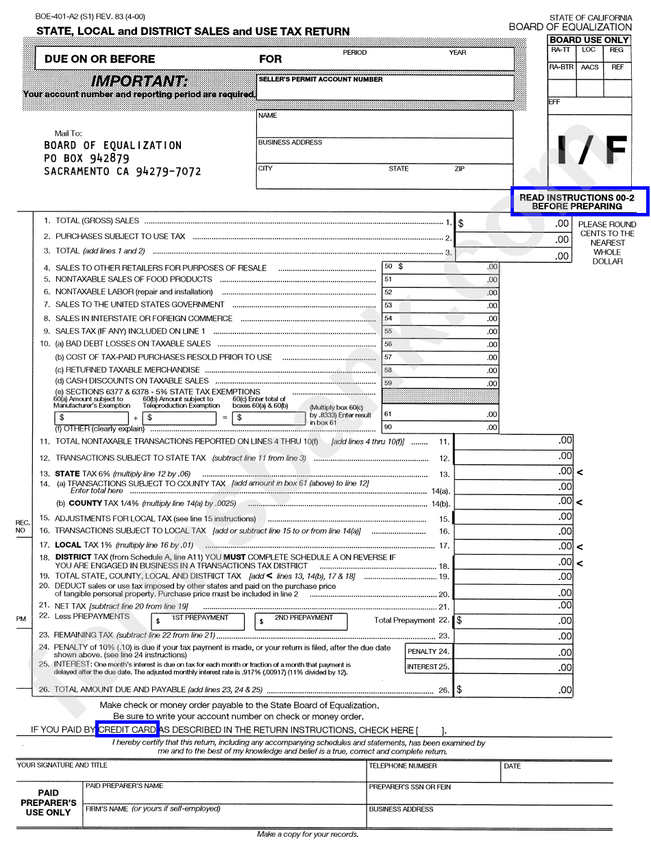 Fillable Form Boe401A2 State, Local And District Sales And Use Tax