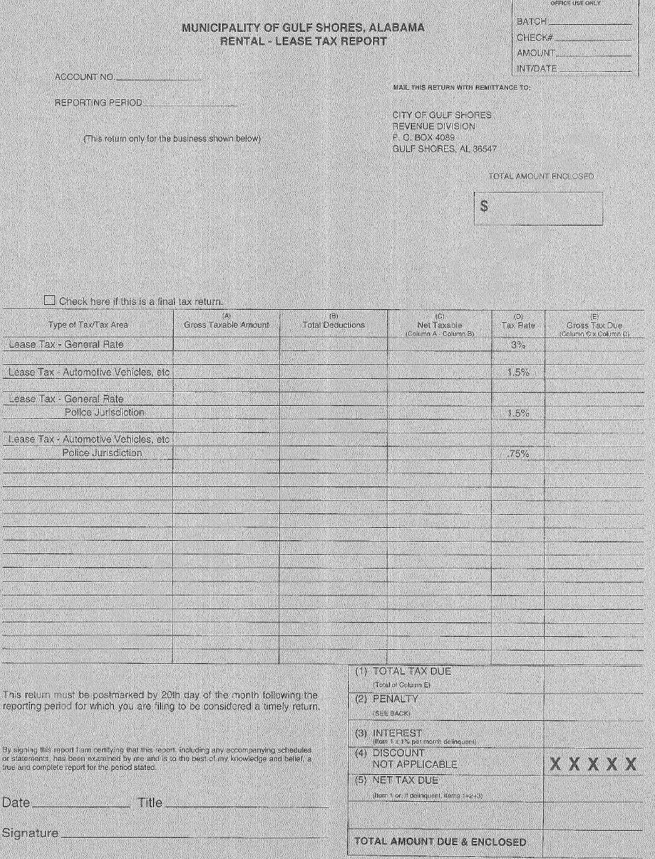 RentalLease Tax Report City Of Gulf Shores Revenue Division
