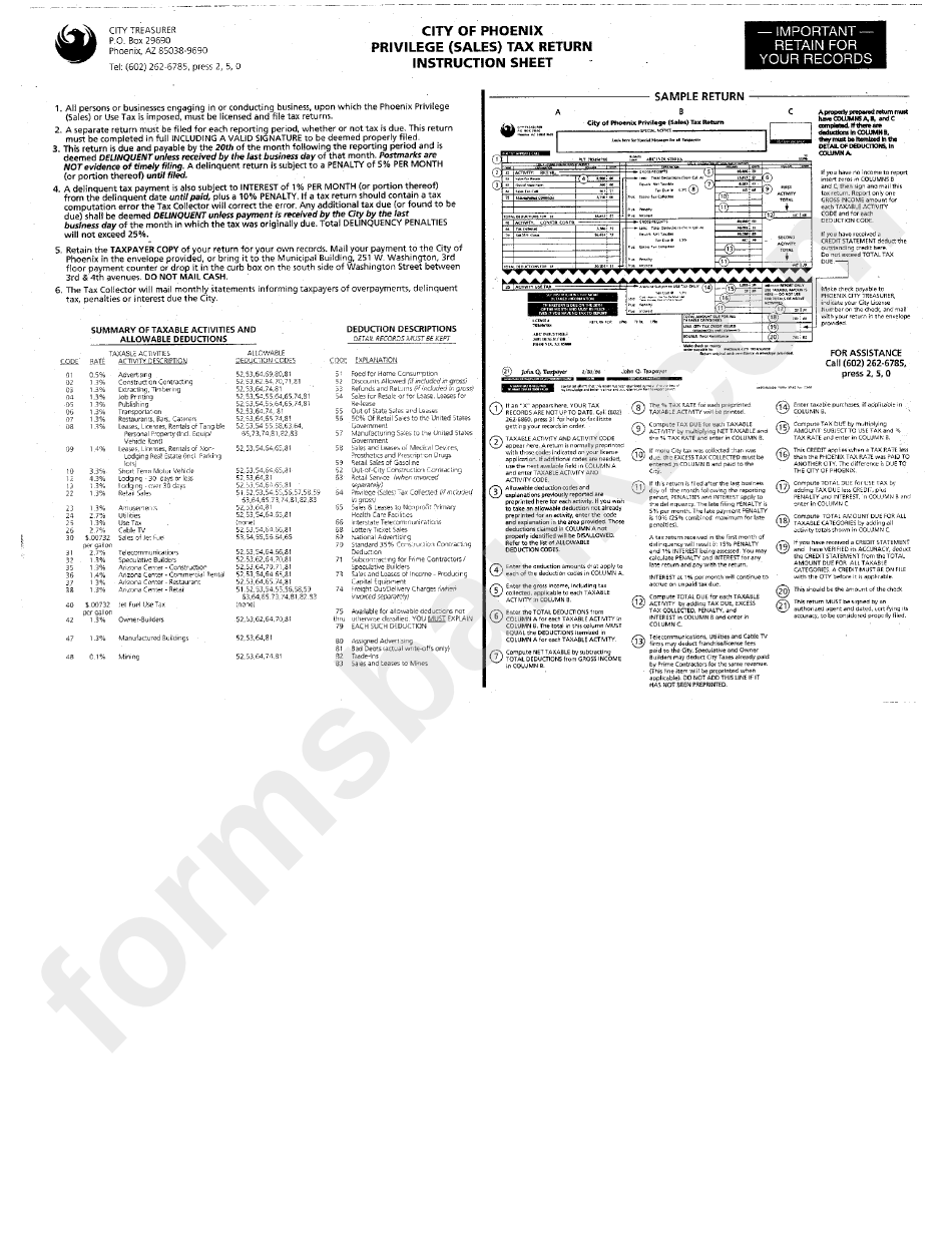 City Of Phoenix Privilege (Sales) Tax Return Instruction Sheet City