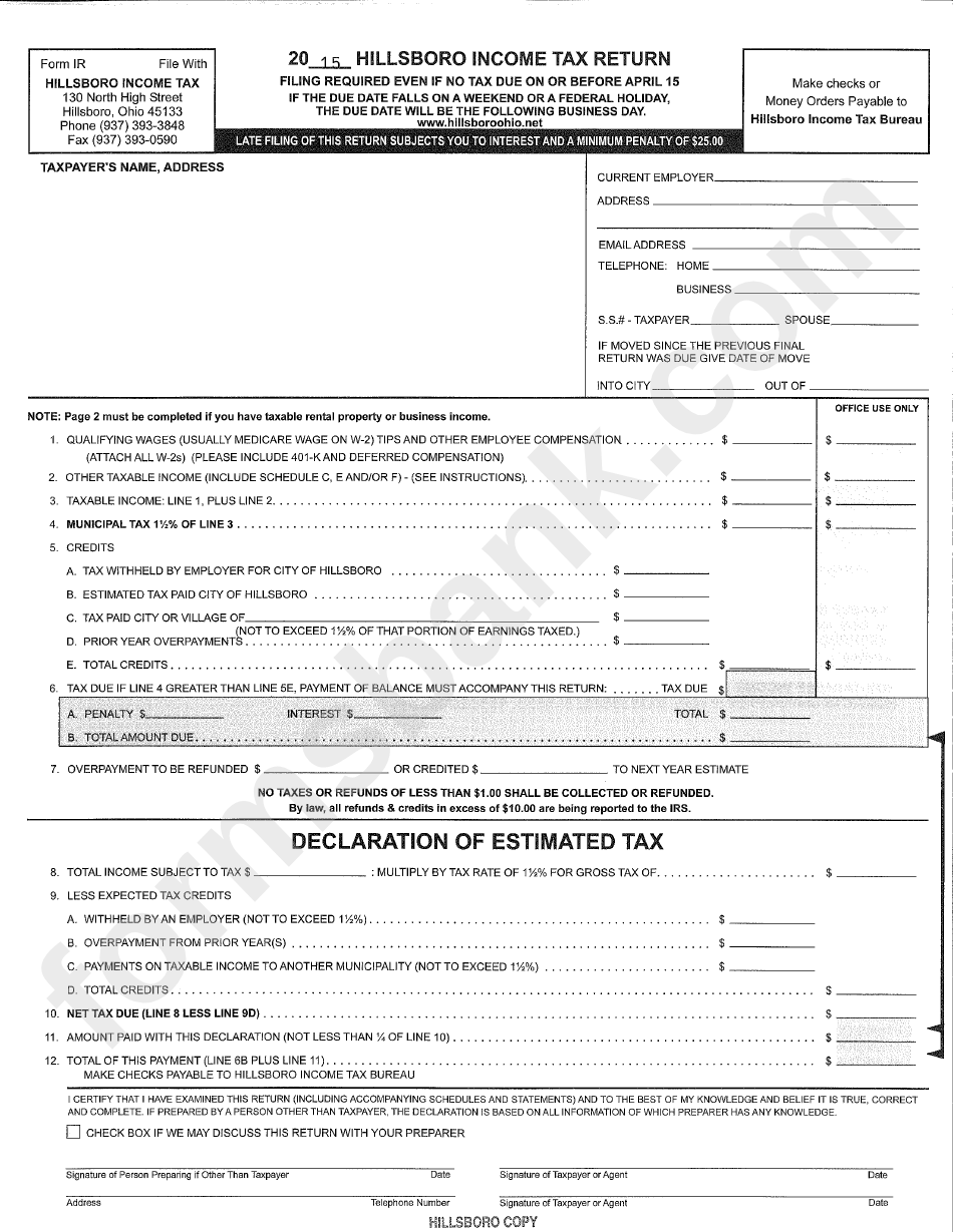 Form Ir Tax Return City Of Hillsboro printable pdf download