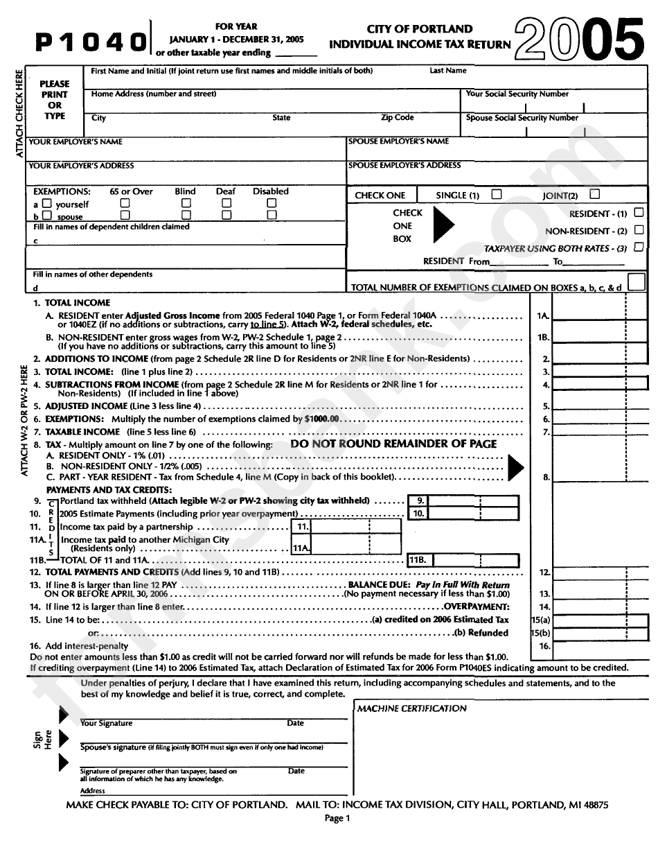 Form P1040 City Of Portland Individual Tax Return 2005