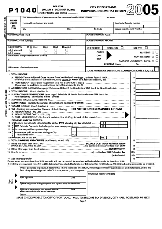 Form P1040 City Of Portland Individual Tax Return 2005