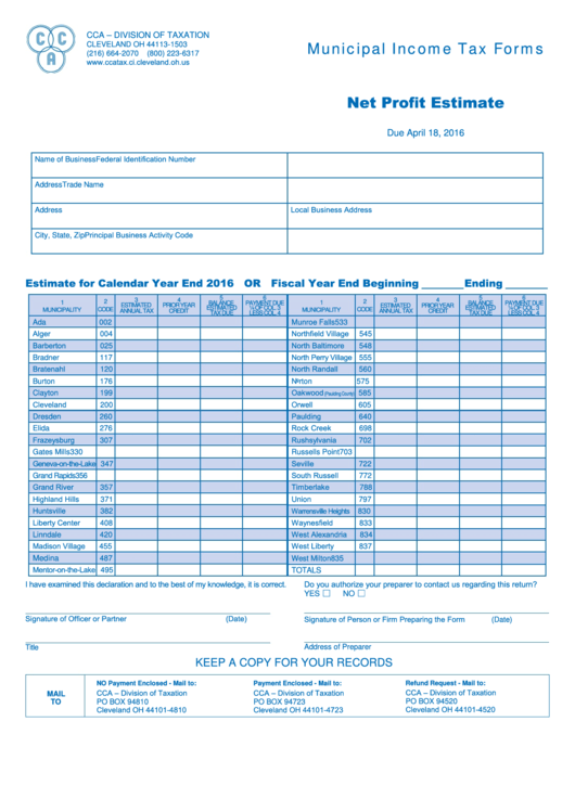 Net Profit Estimate Form Cleveland, Ohio Division Of Taxation