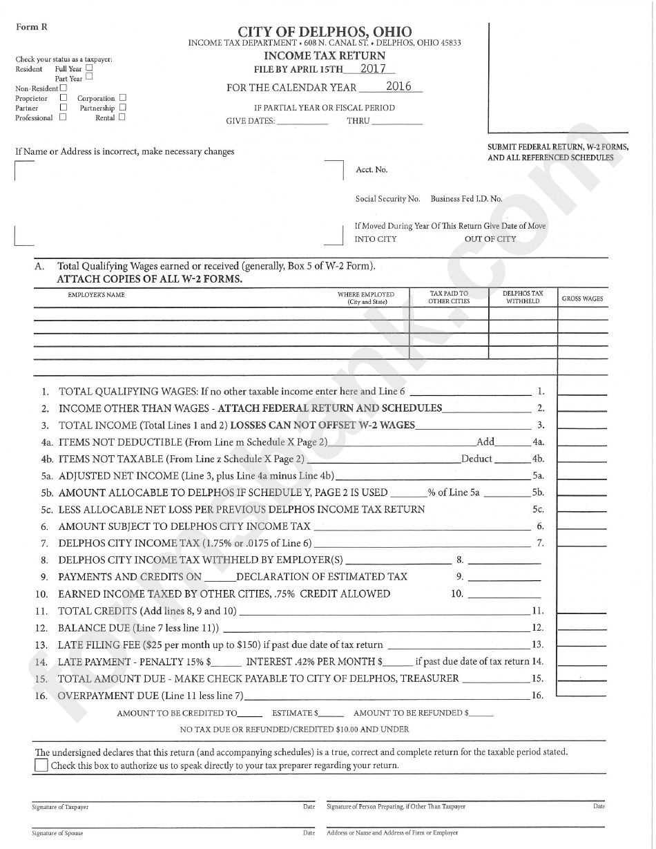 Form R Tax Return City Of Delphos, Ohio Tax