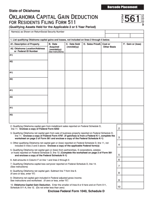Form 561 Oklahoma Capital Gain Deduction For Residents 2009