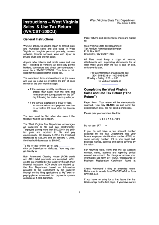 Instructions West Virginia Sales & Use Tax Return (Wv/cst200cu) printable pdf download