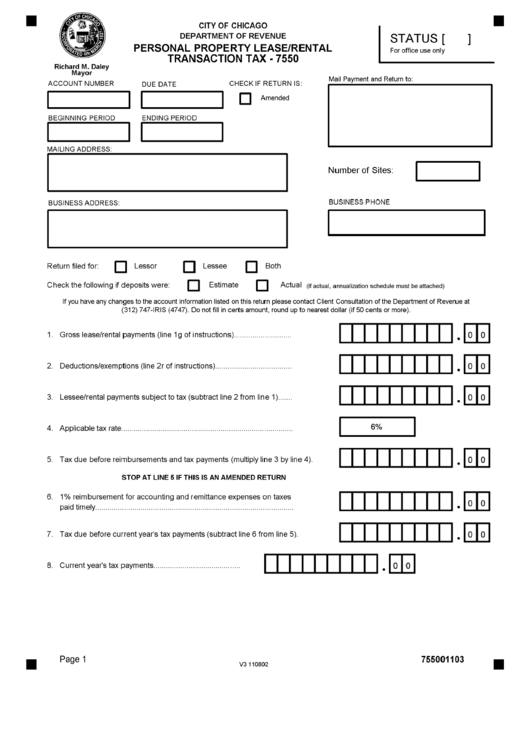 Form 7550 Personal Property Lease/rental Transaction Tax City Of