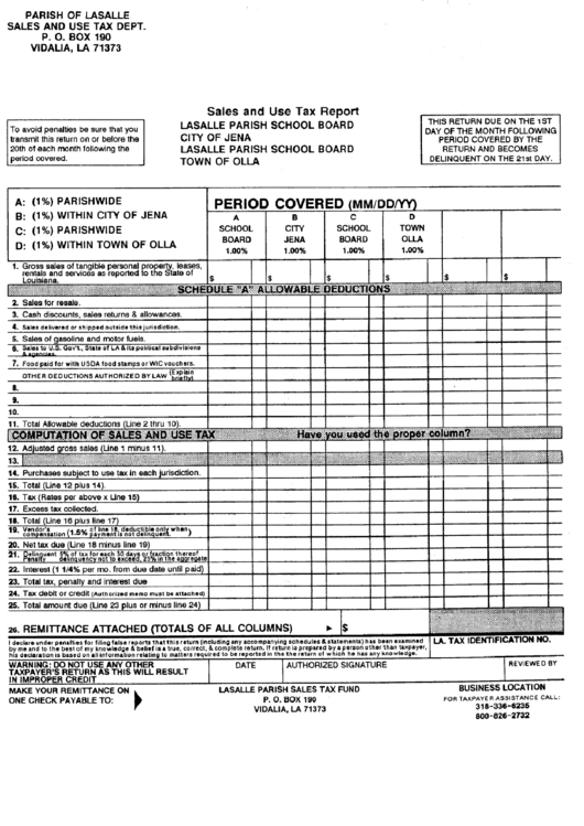 Sale And Use Tax Report Parish Of Lasalle Sales And Use Tax Dept printable pdf download