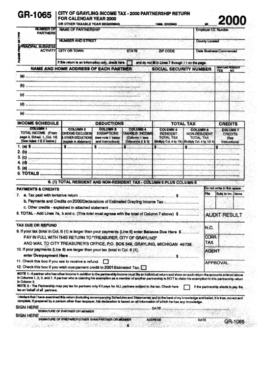 Form Gr1065 City Of Grayling Tax Partnership Return 2000 printable pdf download
