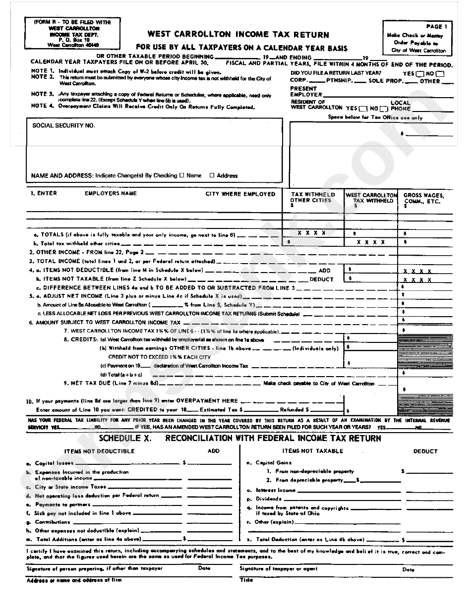 Form R West Carrollton Tax Return Ohio printable pdf download