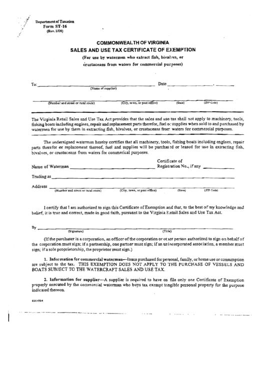 Form St16 Commonwealth Of Virginia Sales And Use Tax Certificate Of Exemption printable pdf