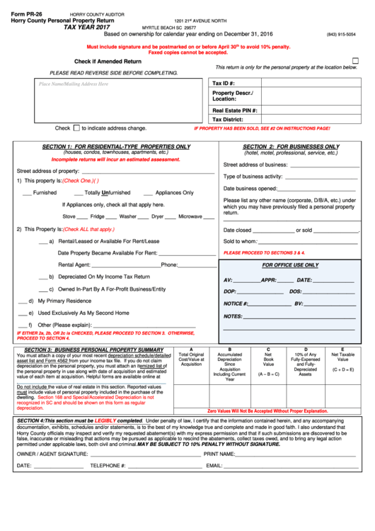 Form Pr26 Horry County Personal Property Return 2017 printable pdf
