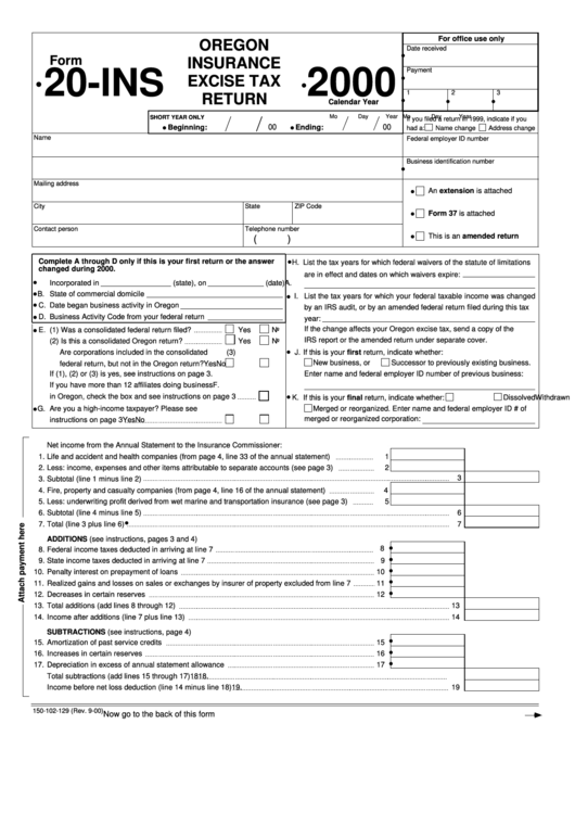 Form 20Ins Oregon Insurance Excise Tax Return 2000 printable pdf
