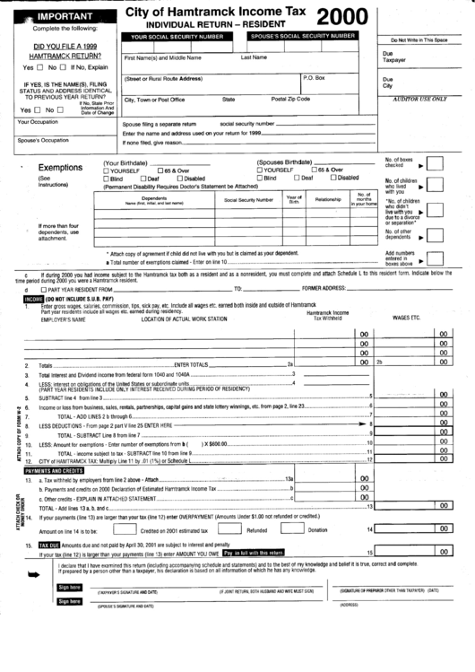 Tax Individual Return Resident City Of Hamtramck 2000