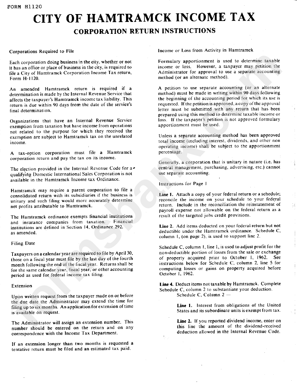 Instructions For Form H1120 City Of Hamtramck Tax printable