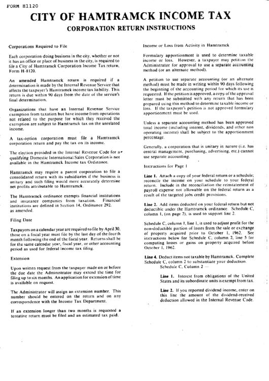 Instructions For Form H1120 City Of Hamtramck Tax printable
