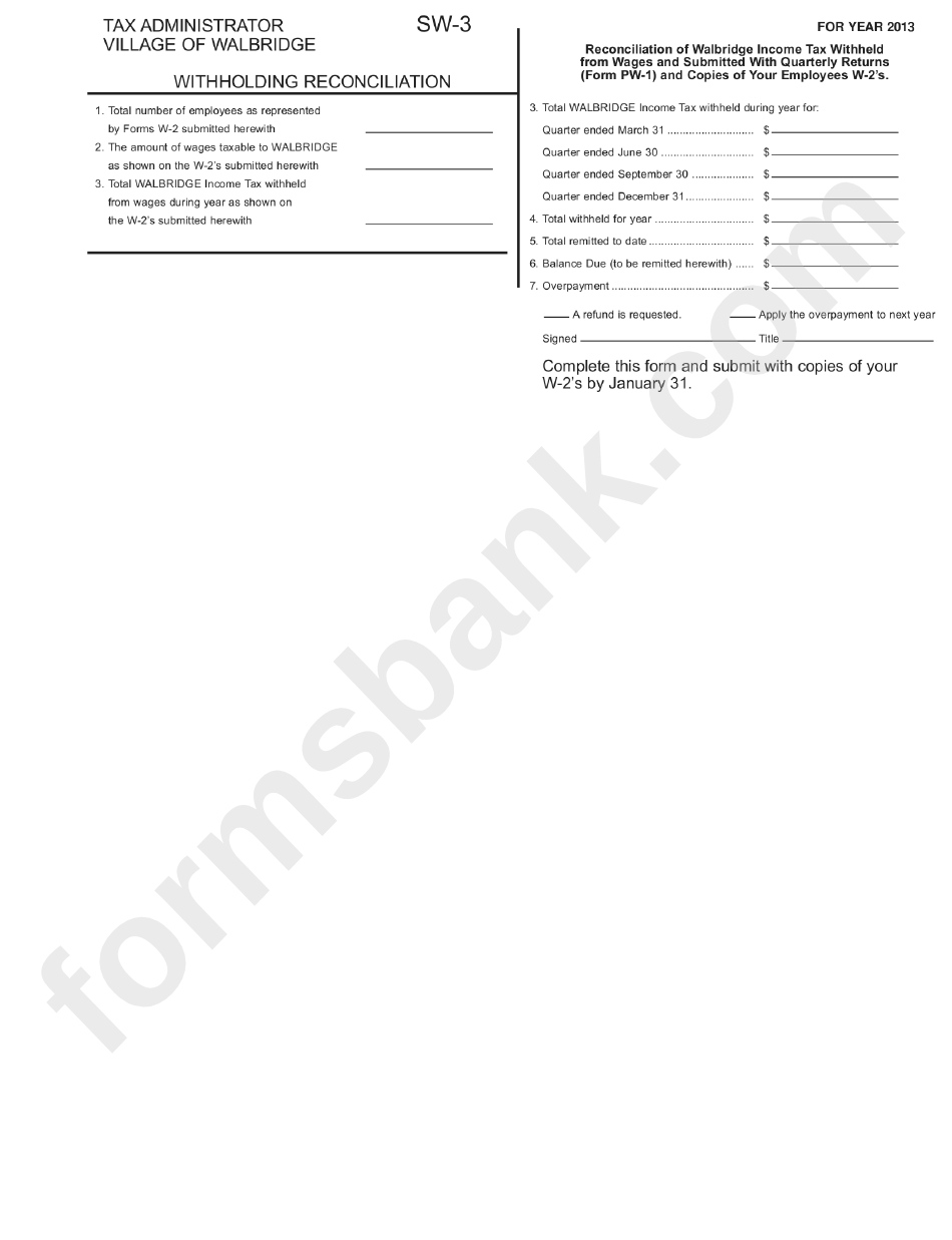 Form Sw3 Withholding Reconciliation Tax Administrator Village Of