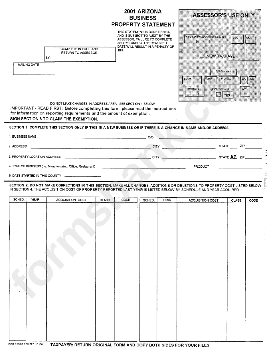 Form Dor 82520 2001 Arizona Business Property Statement printable pdf