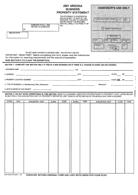 Form Dor 82520 2001 Arizona Business Property Statement printable pdf