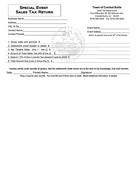 Special Event Sales Tax Return Form Town Of Crested Butte printable