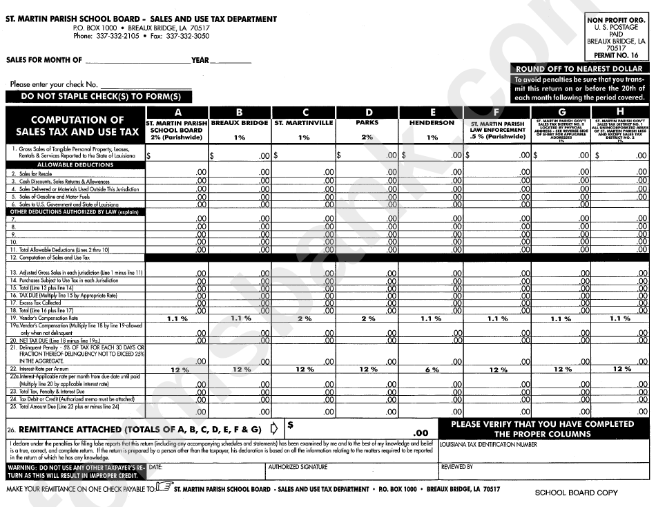 Computation Of Sales Tax And Use Tax St.martin Parish School Board