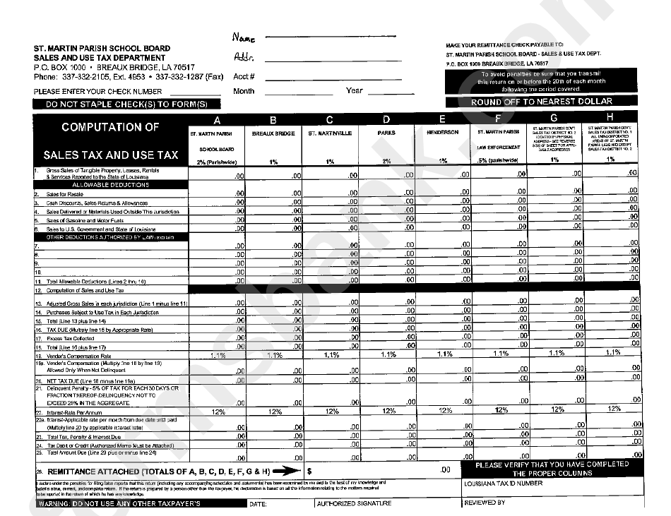 Computation Of Sales Tax And Use Tax St.martin Parish School Board