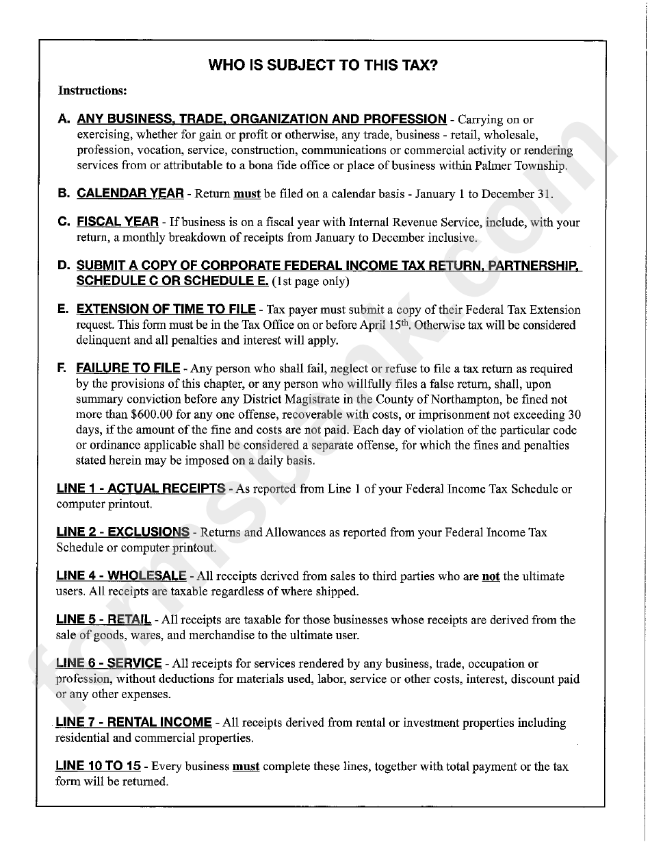 Business Tax Instructions Palmer Township printable pdf download