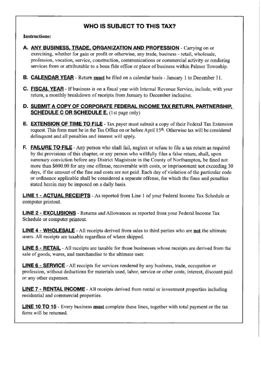 Business Tax Instructions Palmer Township printable pdf download