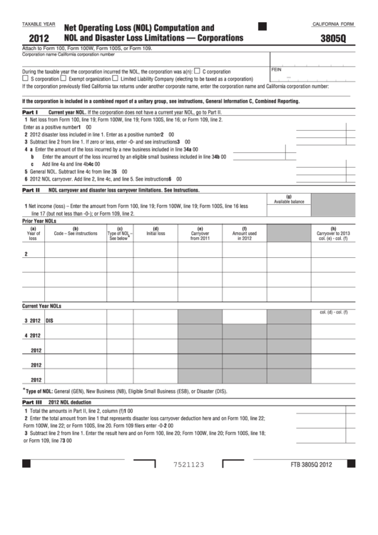 California Form 3805q Net Operating Loss (Nol) Computation And Nol