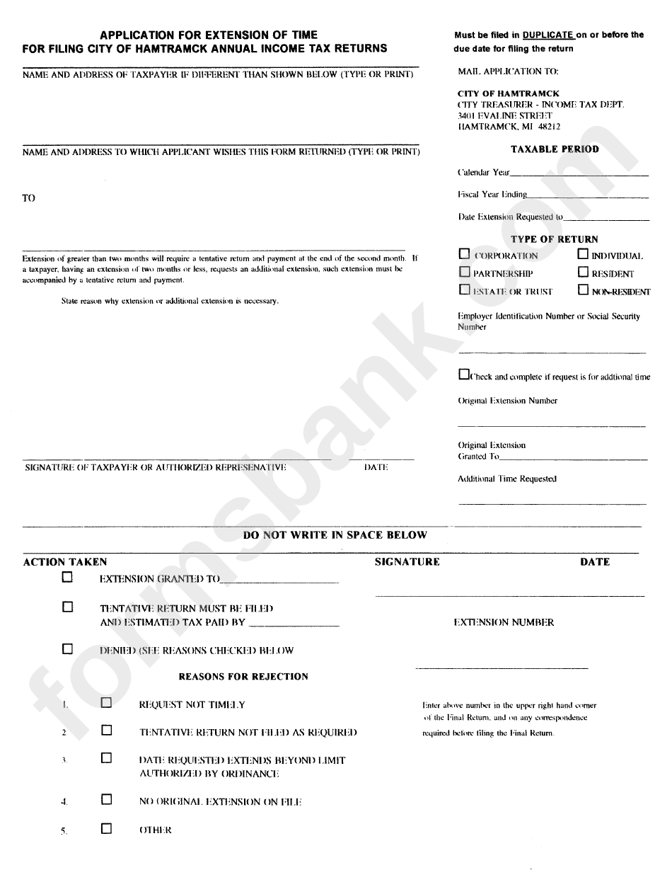 Application For Extentions Of Time For Filing City Of Hamtramck Annual