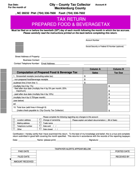 Tax Return Prepared Food & Beverage Tax Mecklenburg County 2013